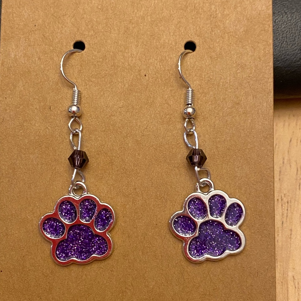 Hand Crafted Purple Paw Print Beaded Dangle Earrings